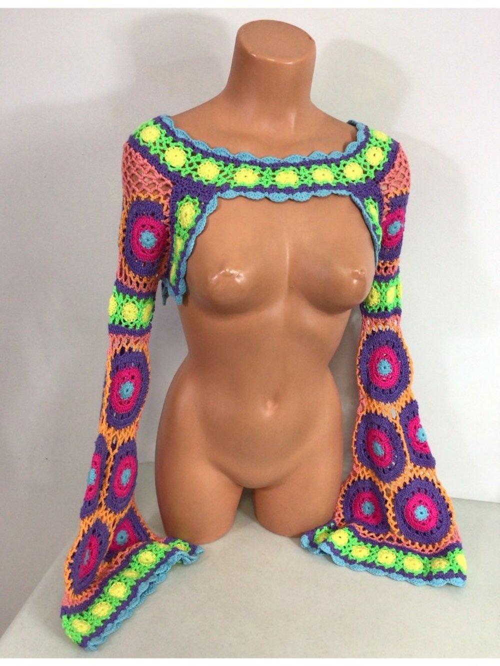 Current Mood X Dolls Kill Crochet Crop Top Bell Sleeves Festival Boho Womens M